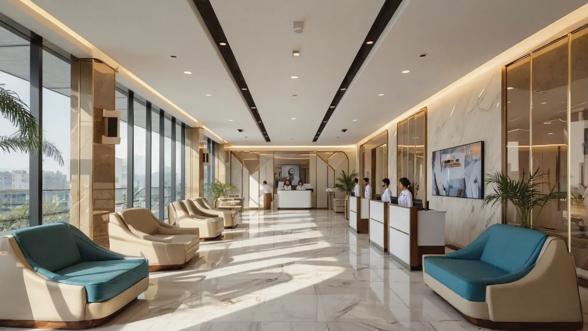 Modern hospital lobby with natural lighting showcasing professional medical facility