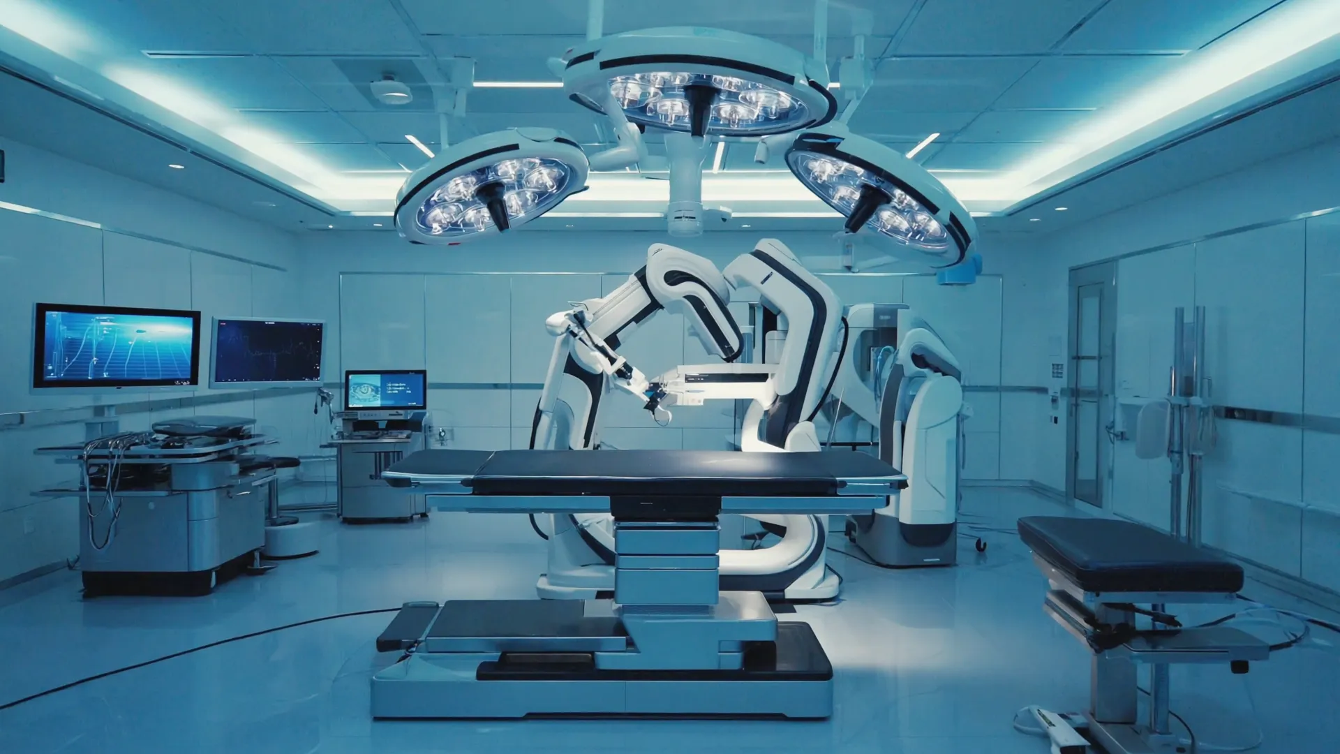 Advanced surgical suite with modern robotic medical equipment