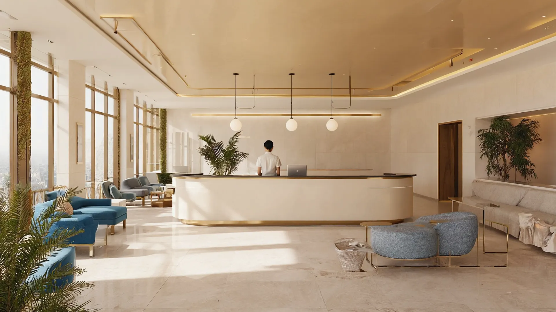 Modern wellness centre reception area with natural lighting and minimalist design
